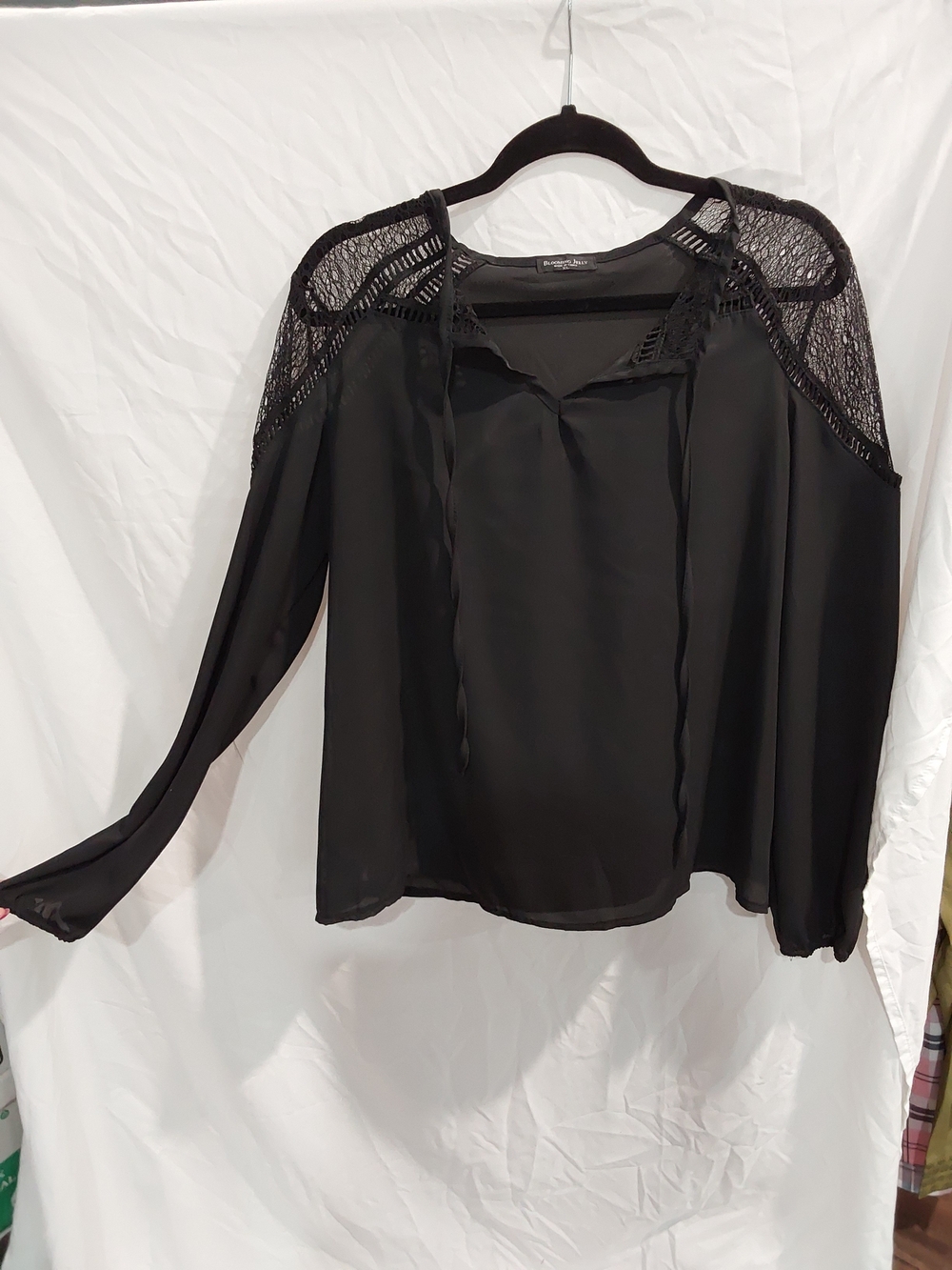 Elegant Black Lace-Shoulder Tie-Neck Blouse